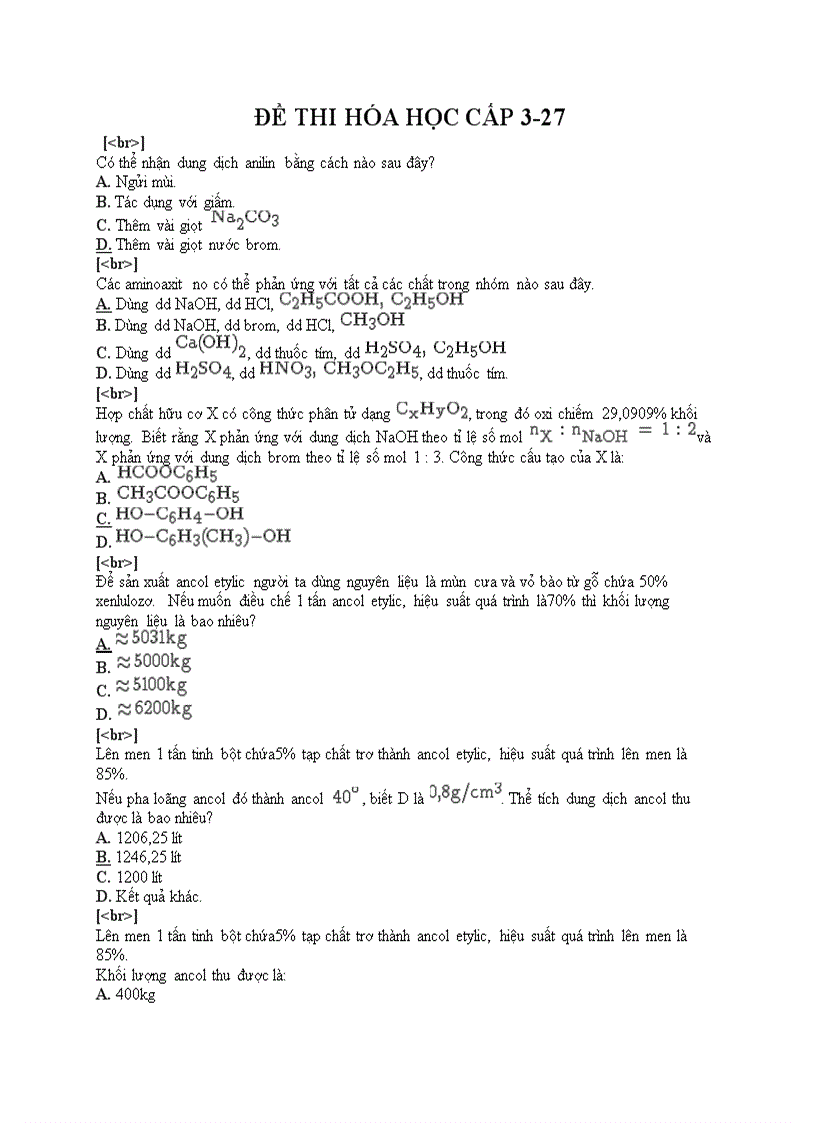 Đề thi trắc nghiệm môn hóa cấp 3 27