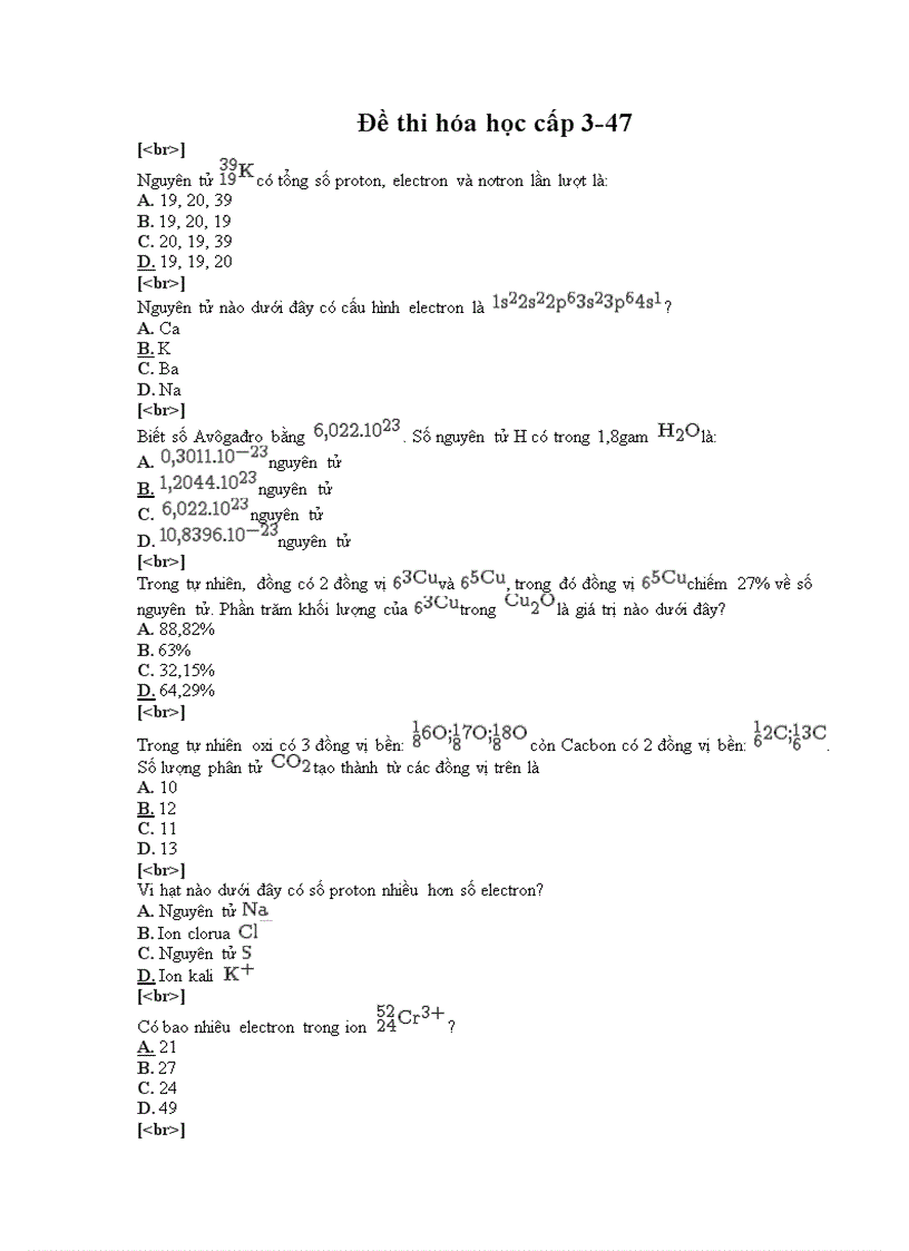 Đề thi trắc nghiệm hóa học cấp 3 47