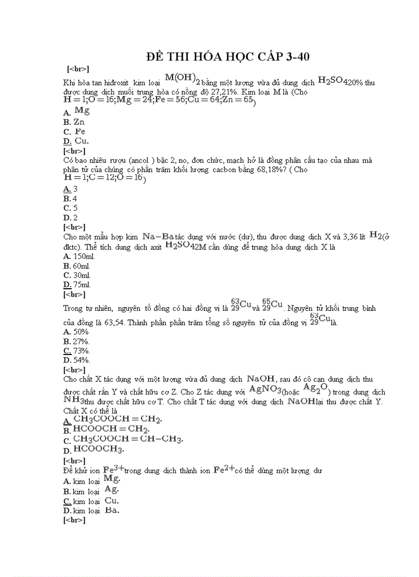 Đề thi trắc nghiệm môn hóa cấp 3 40