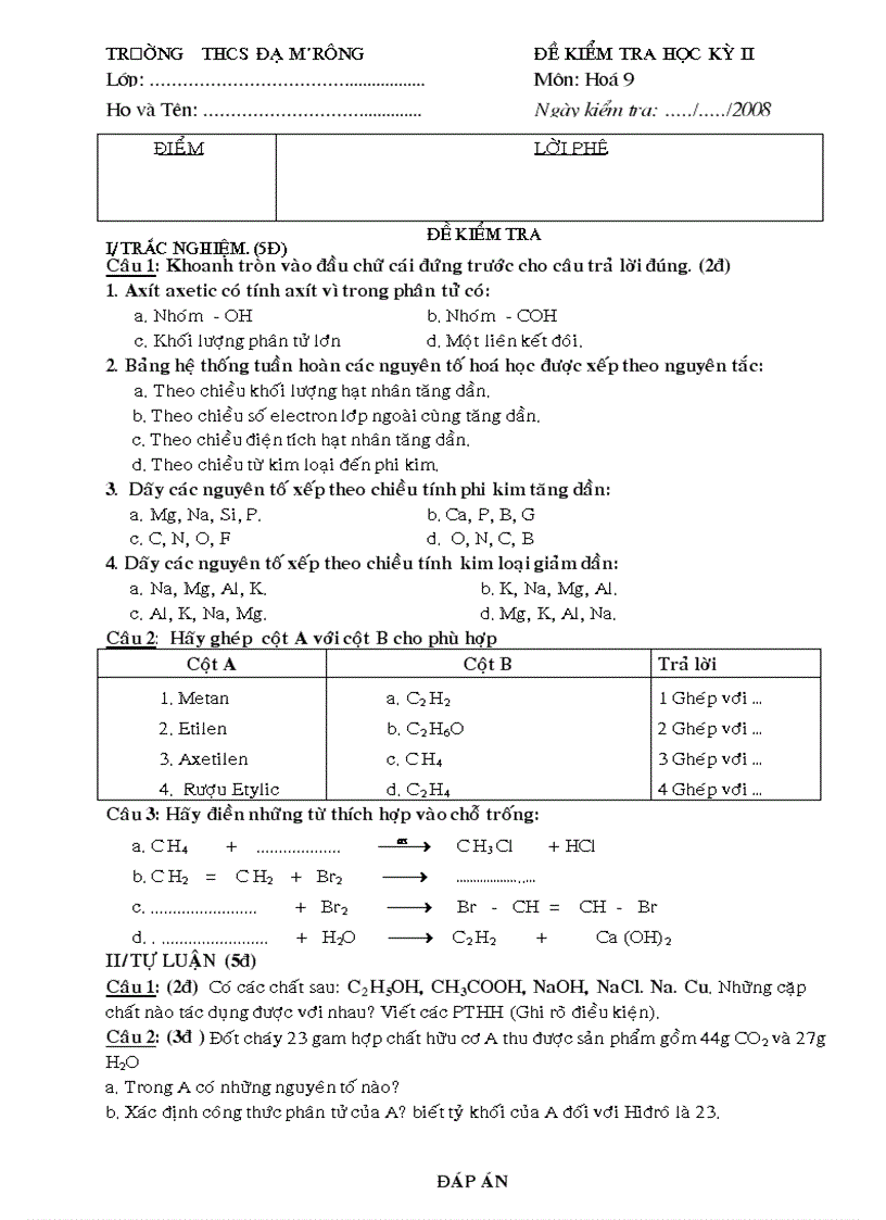 De trac nghiem Hoa 9