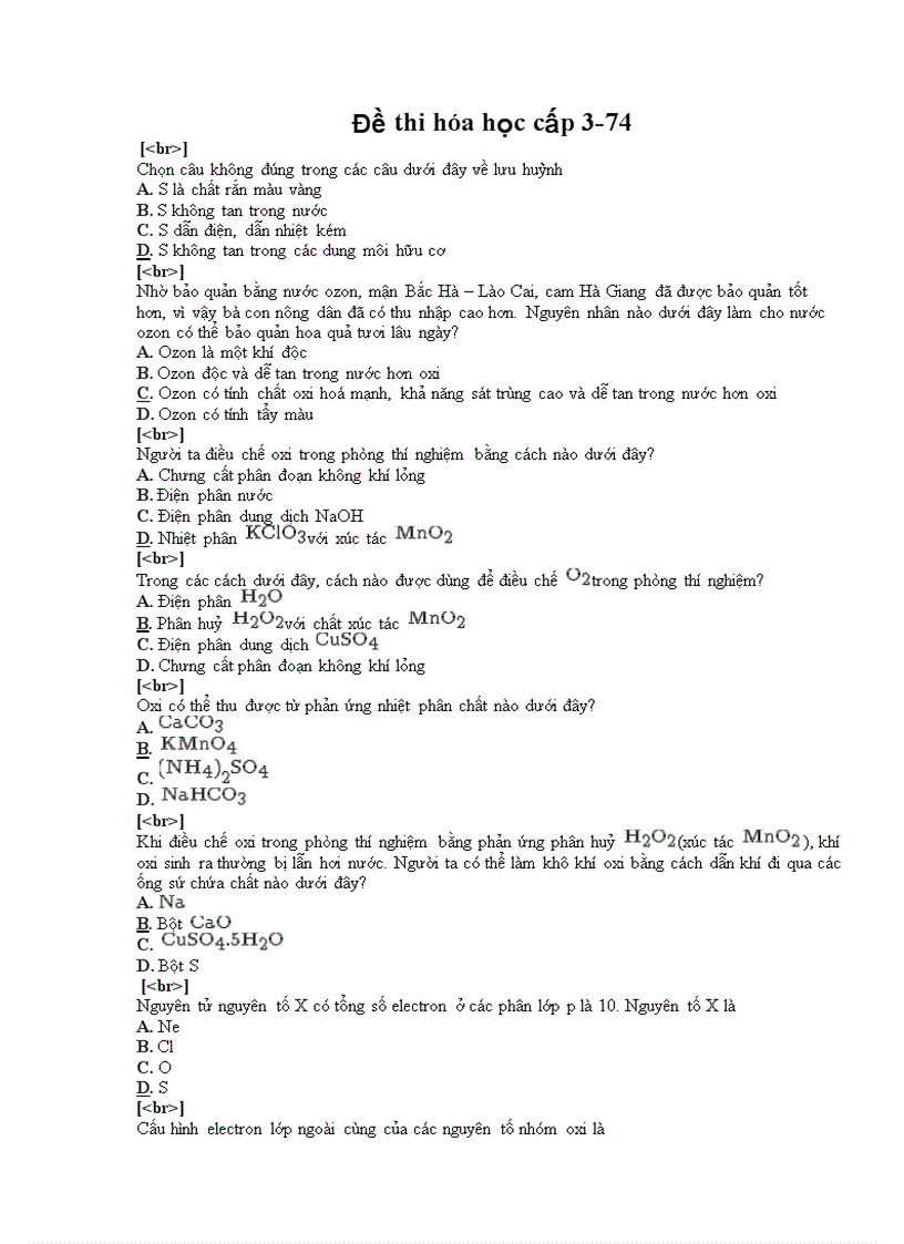 Đề thi trắc nghiệm hóa học cấp 3 74