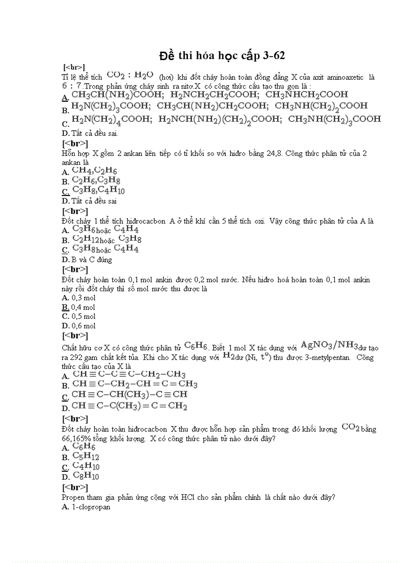 Đề thi trắc nghiệm hóa học cấp 3 62