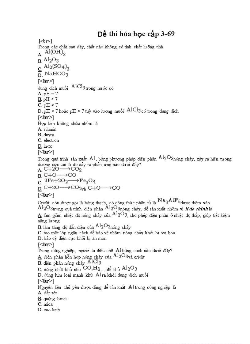 Đề thi trắc nghiệm hóa học cấp 3 69