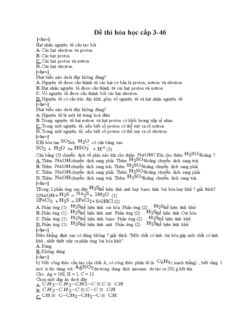 Đề thi trắc nghiệm hóa học cấp 3 46