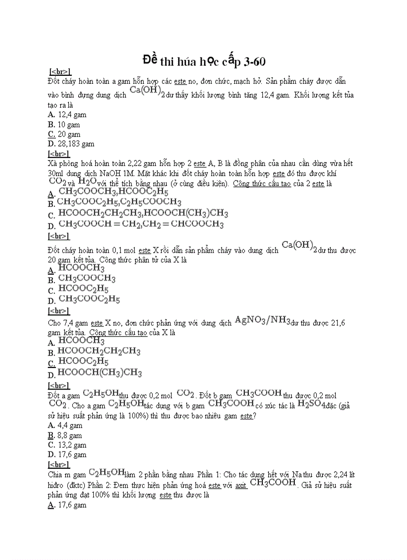 Đề thi trắc nghiệm hóa học cấp 3 60