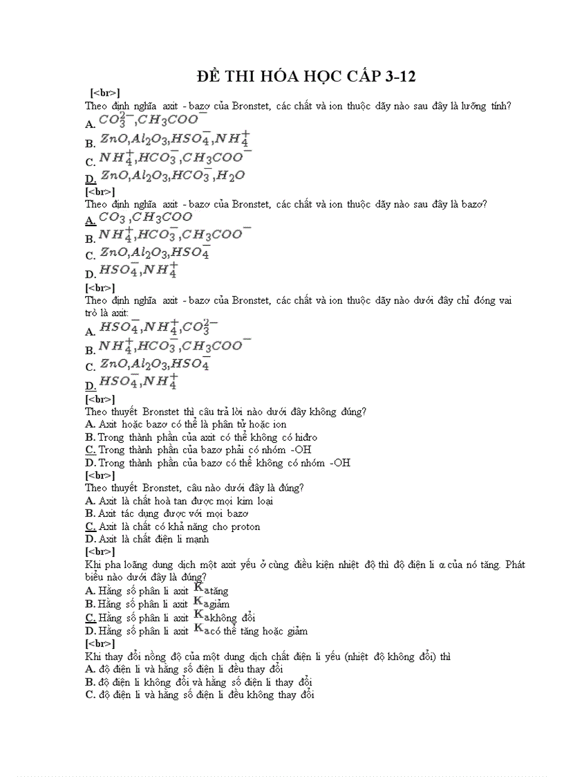 Đề thi trắc nghiệm môn hóa cấp 3 12