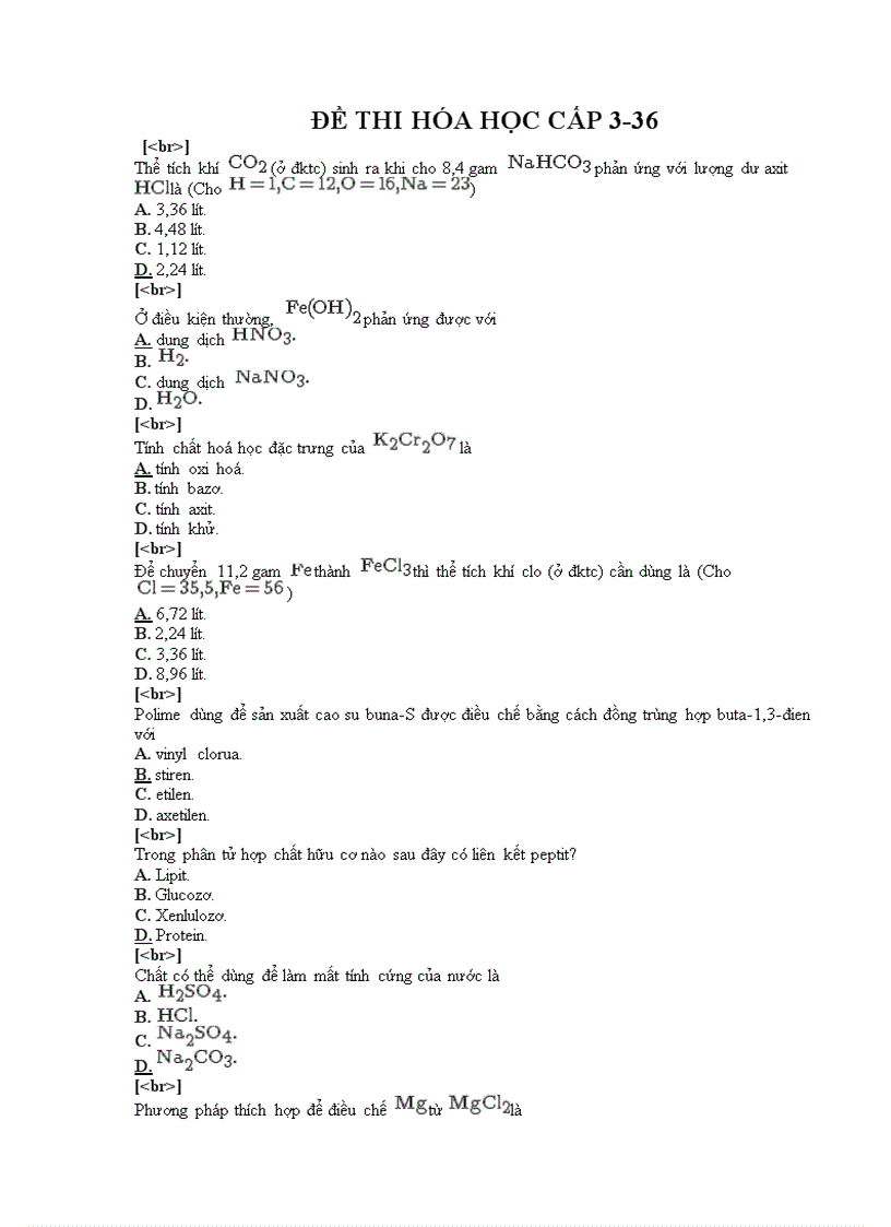 Đề thi trắc nghiệm môn hóa cấp 3 36