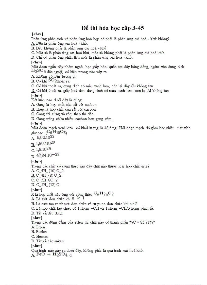 Đề thi trắc nghiệm hóa học cấp 3 45