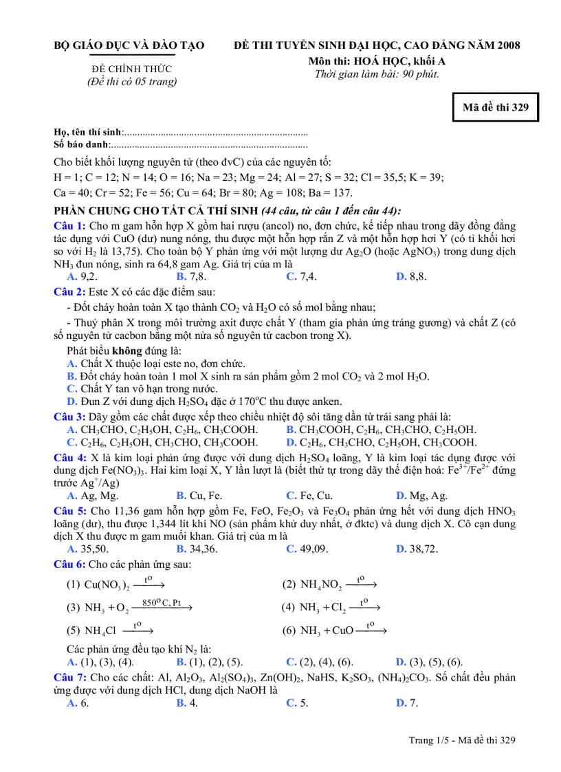 Đề thi Hóa A 2008 m 329