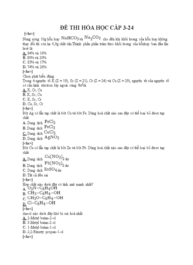 Đề thi trắc nghiệm môn hóa cấp 3 24