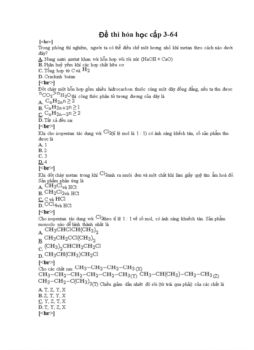 Đề thi trắc nghiệm hóa học cấp 3 64