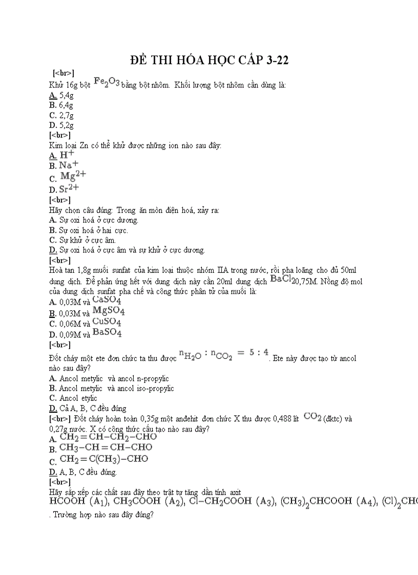 Đề thi trắc nghiệm môn hóa cấp 3 22