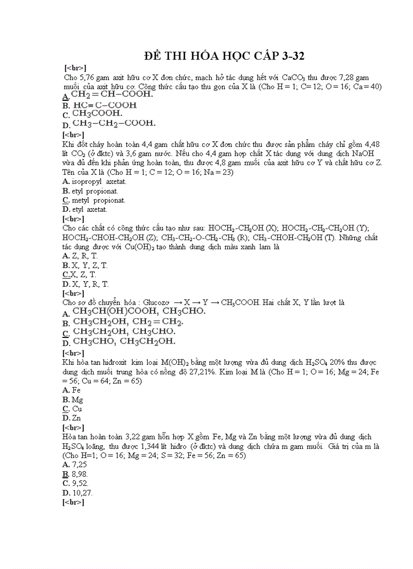Đề thi trắc nghiệm môn hóa cấp 3 32