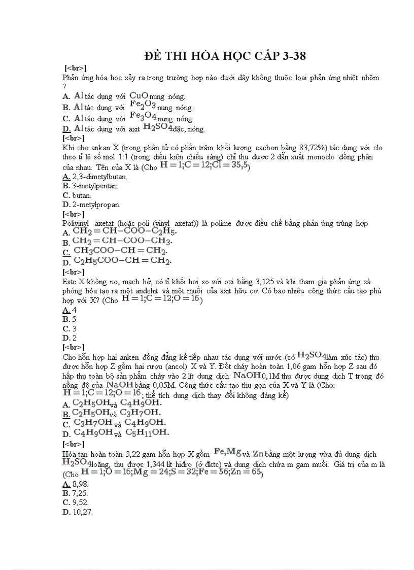 Đề thi trắc nghiệm môn hóa cấp 3 38