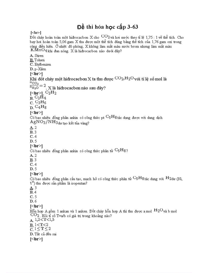 Đề thi trắc nghiệm hóa học cấp 3 63
