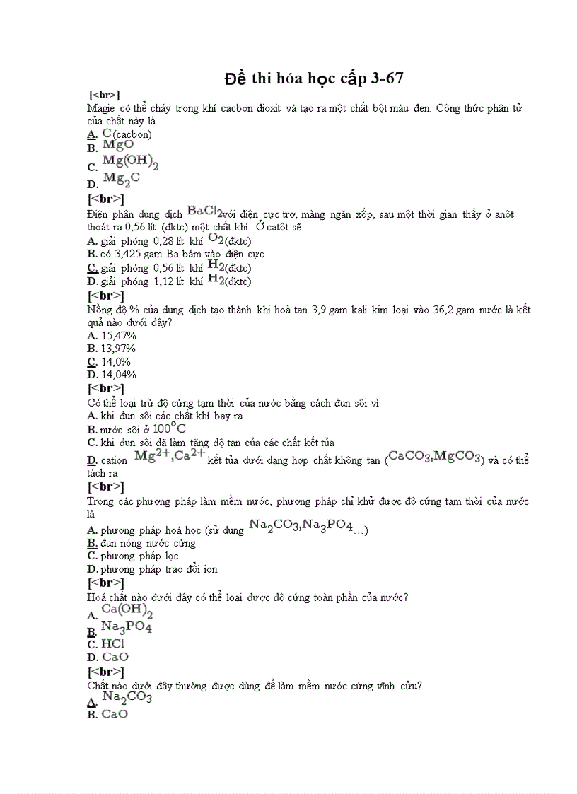 Đề thi trắc nghiệm hóa học cấp 3 67