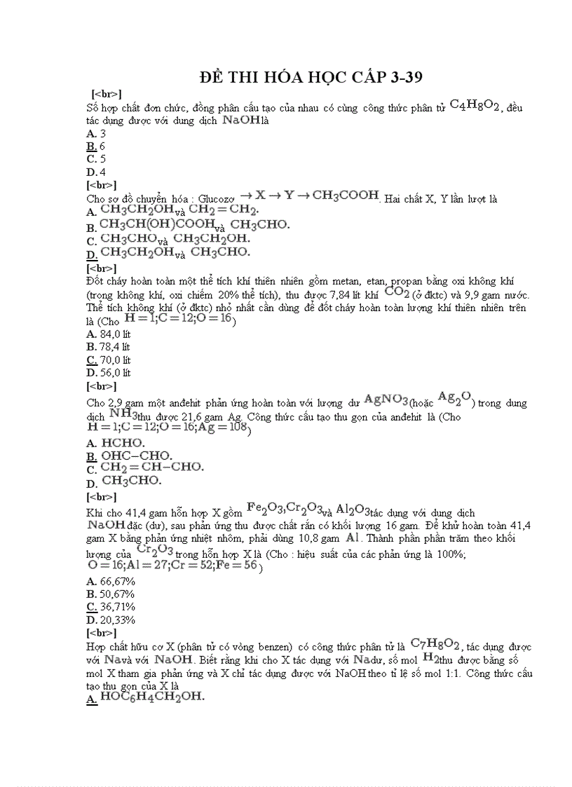 Đề thi trắc nghiệm môn hóa cấp 3 39