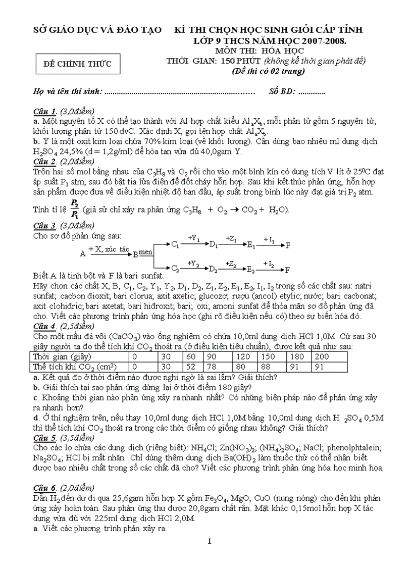 Đề và đáp án thi hs giỏi hóa lớp 9