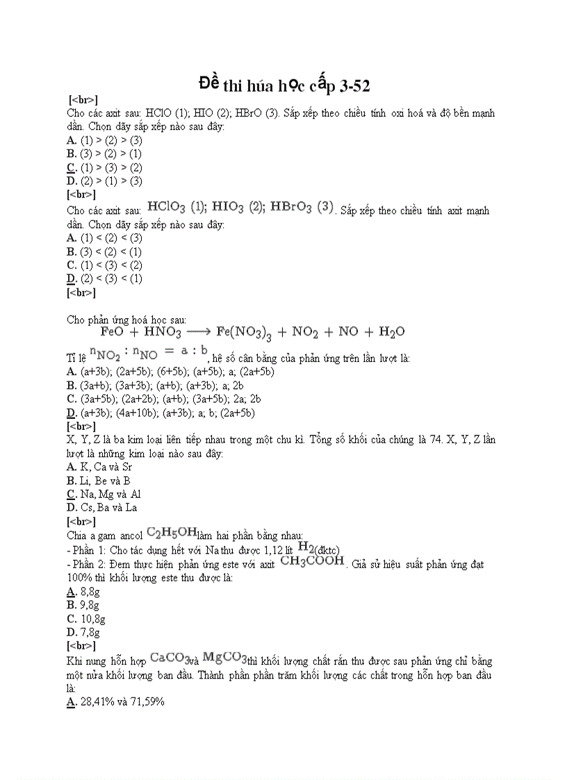 Đề thi trắc nghiệm hóa học cấp 3 52