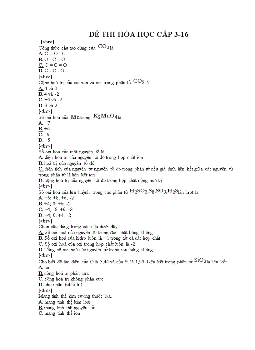 Đề thi trắc nghiệm môn hóa cấp 3 16