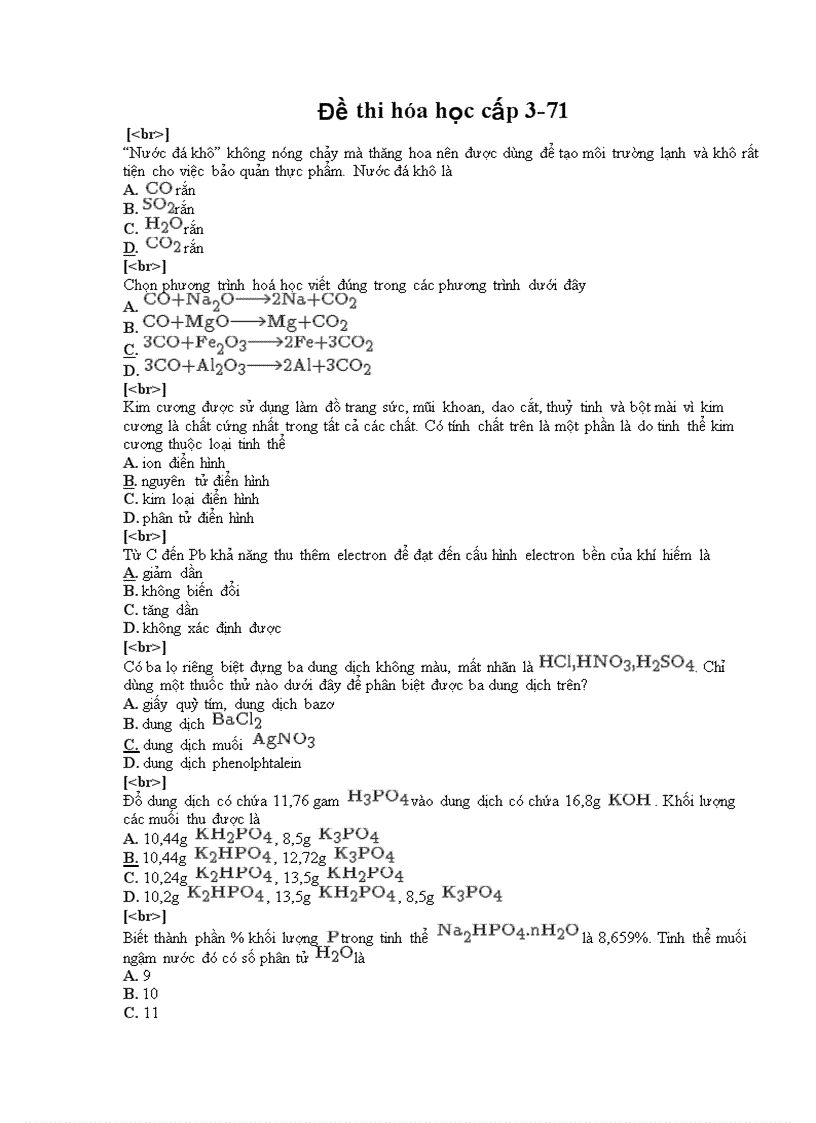 Đề thi trắc nghiệm hóa học cấp 3 71