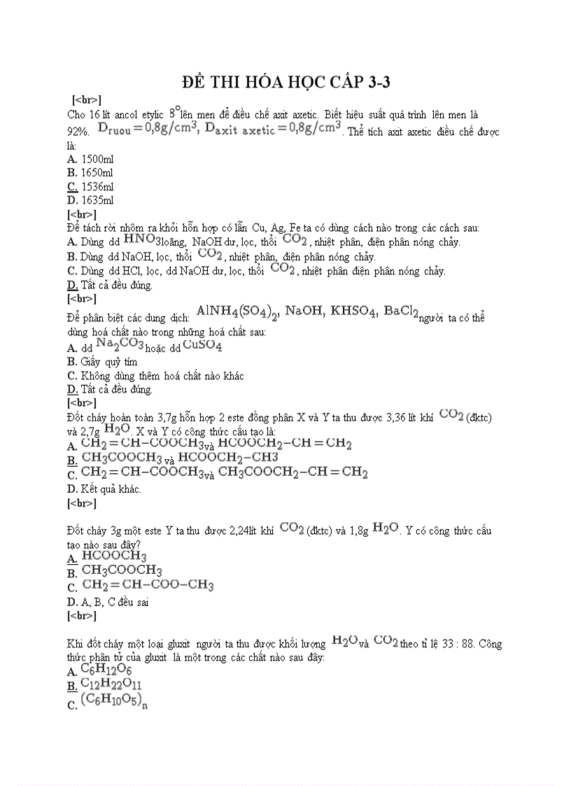 Đề thi trắc nghiệm môn hóa cấp 3 3