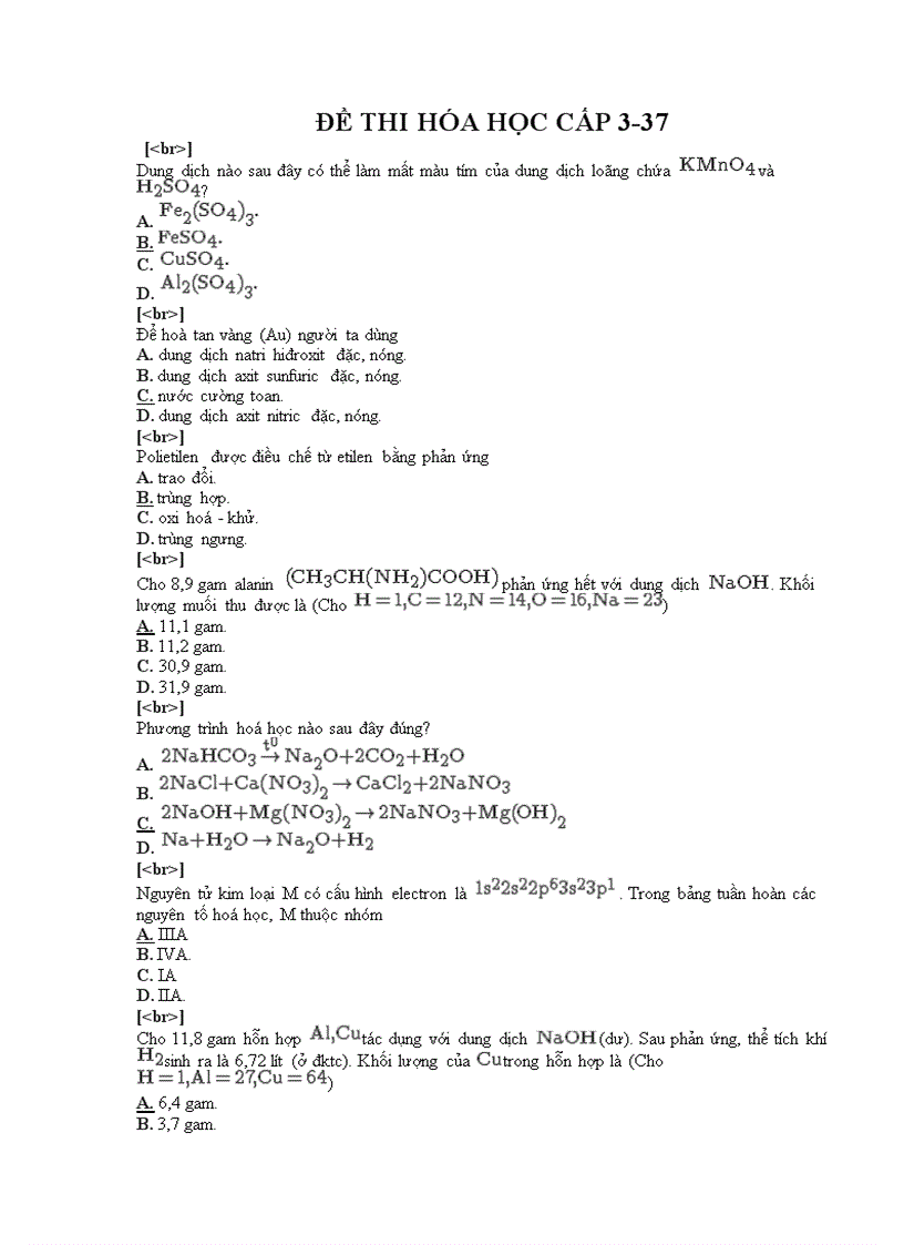 Đề thi trắc nghiệm môn hóa cấp 3 37