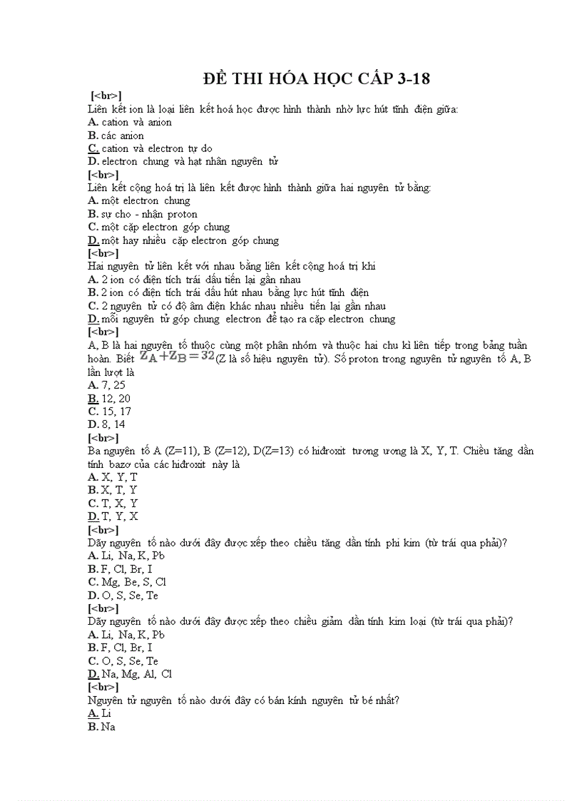 Đề thi trắc nghiệm môn hóa cấp 3 18