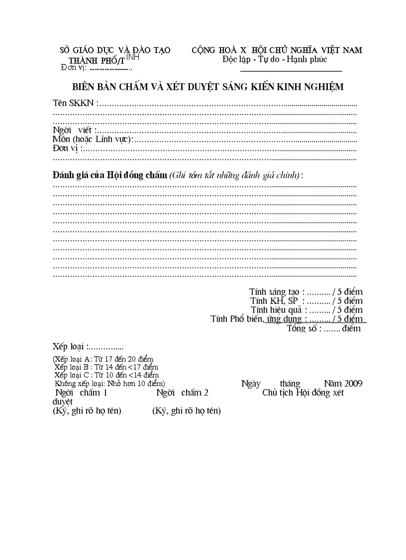 Biên bản chấm và xét duyệt sáng kiến kinh nghiệm