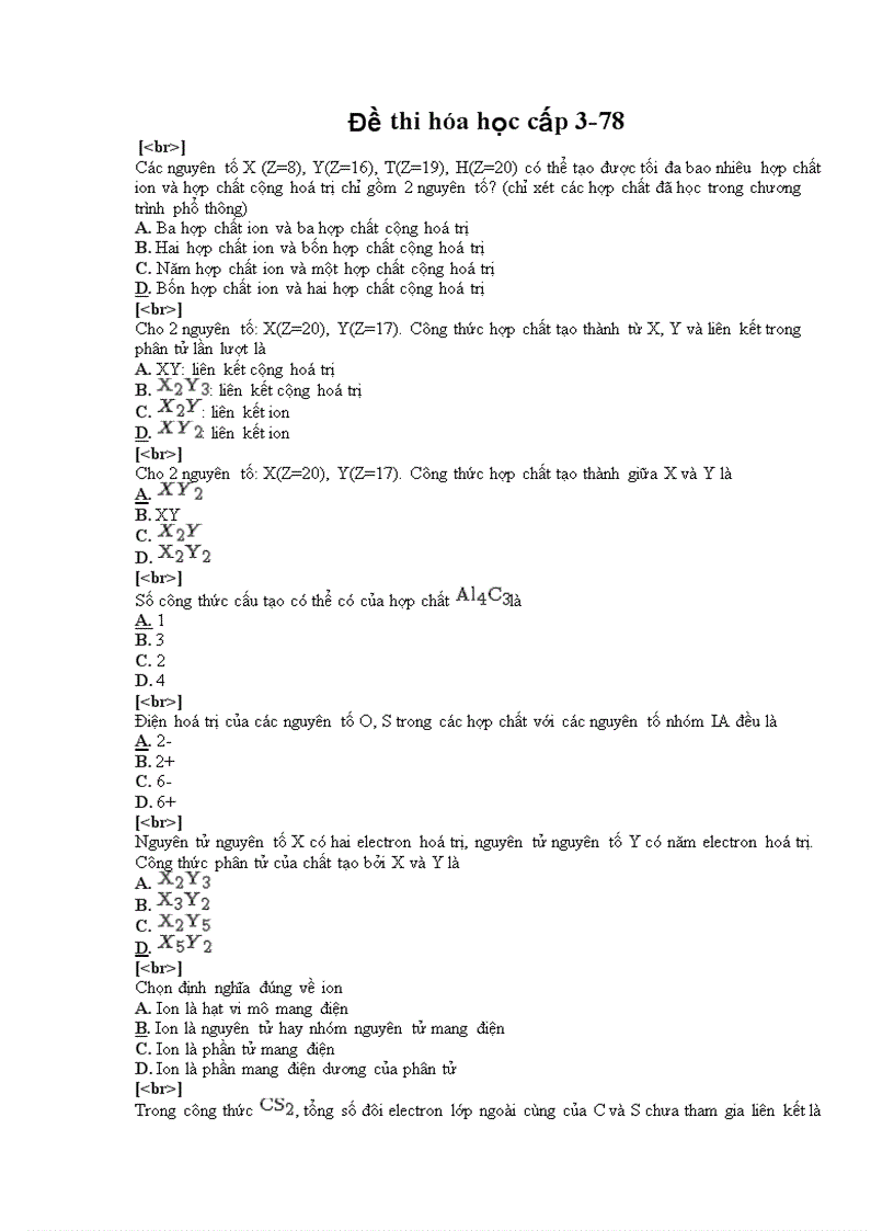 Đề thi trắc nghiệm hóa học cấp 3 78
