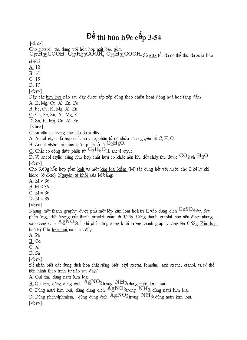 Đề thi trắc nghiệm hóa học cấp 3 54