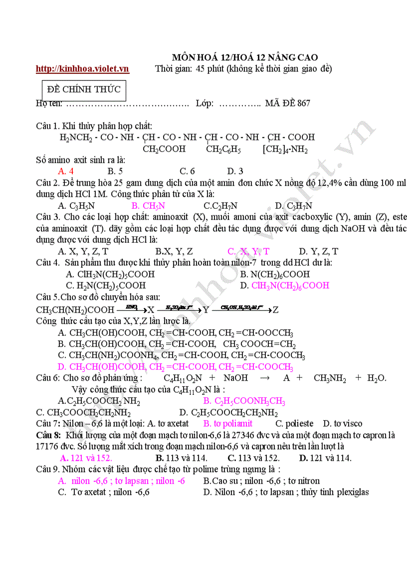 Bộ đề ôn thi TN hóa 12 N C