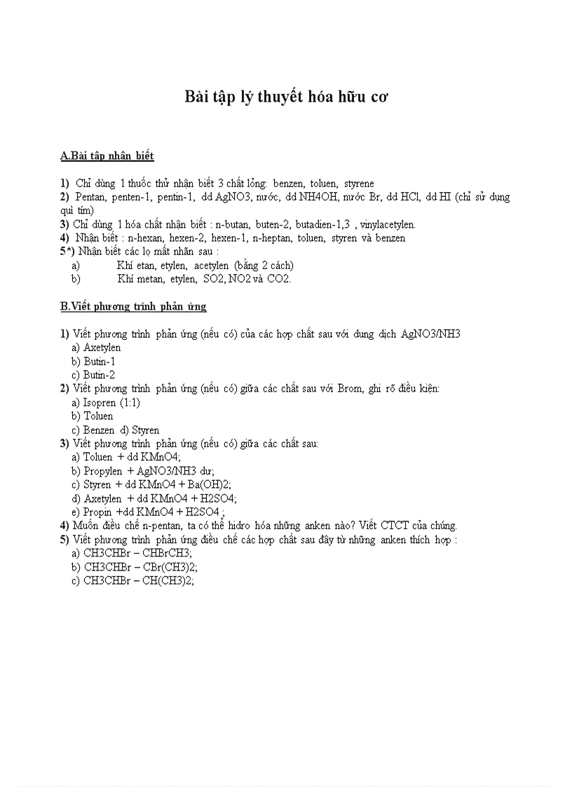 Bài tập lý thuyết hữu cơ
