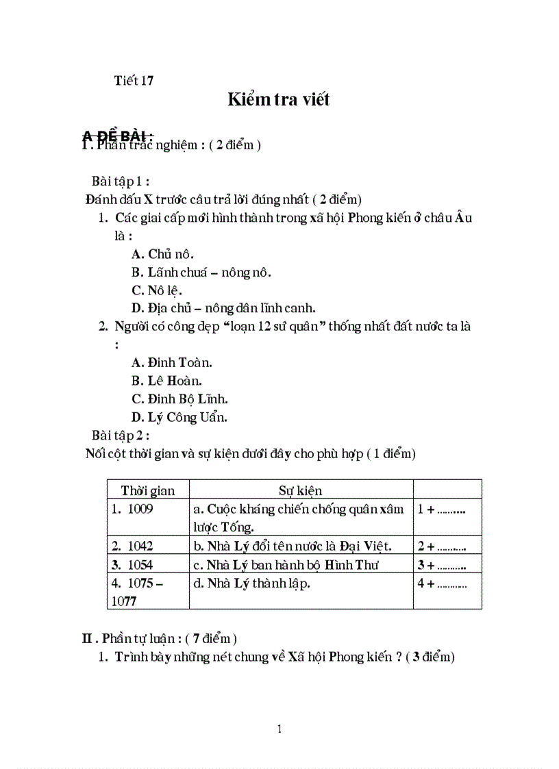 Tập lưu đề kiểm tra sử 7