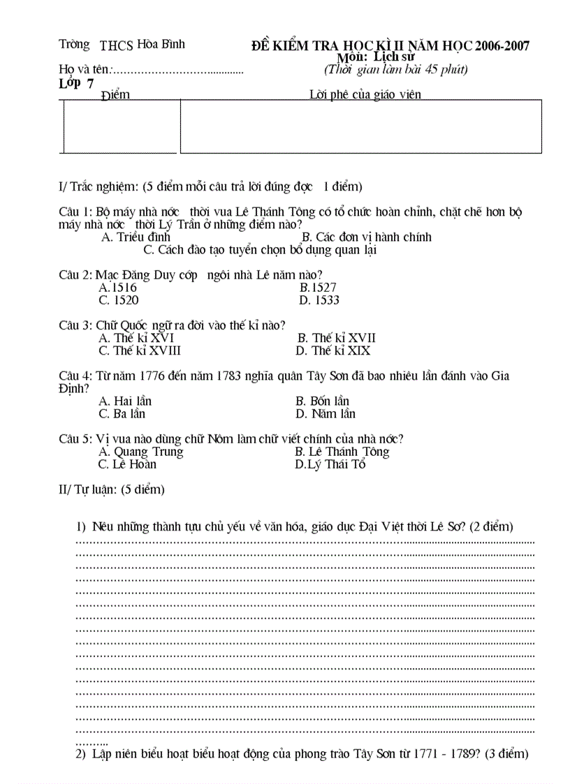 Đề kiểm tra lịch sử 7 1