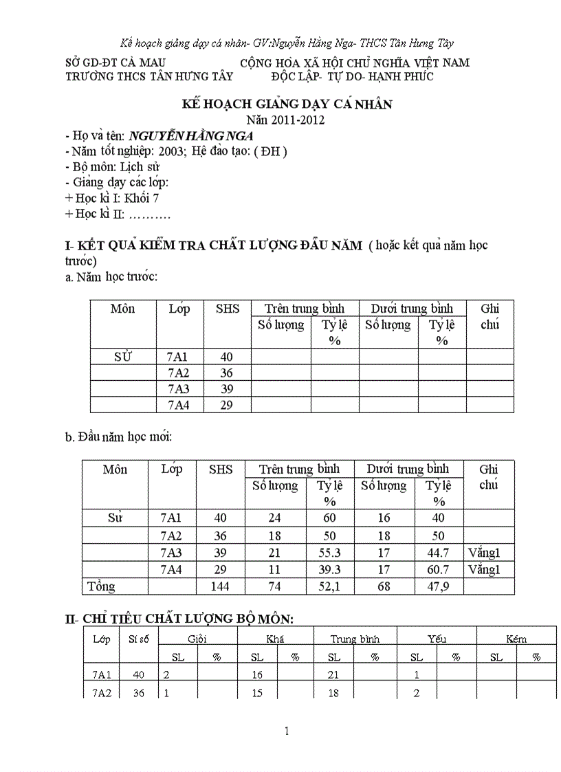 Kế hoạch cá nhân môn LS7