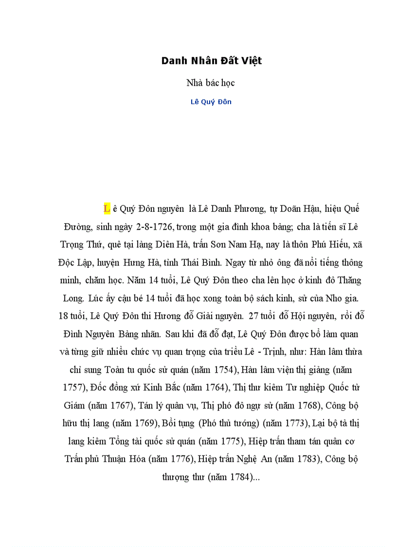 Danh nhân Đất Việt Lê Quý Đôn