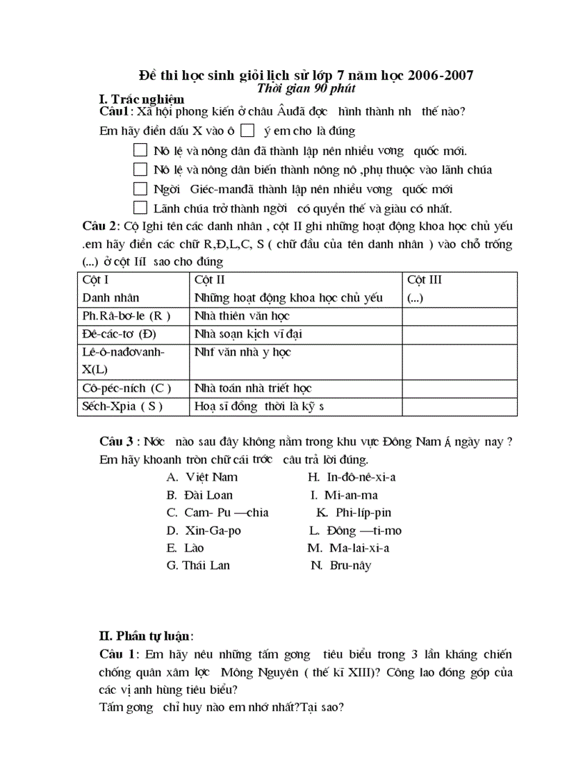 Đề thi HSG sử 7 vòng II