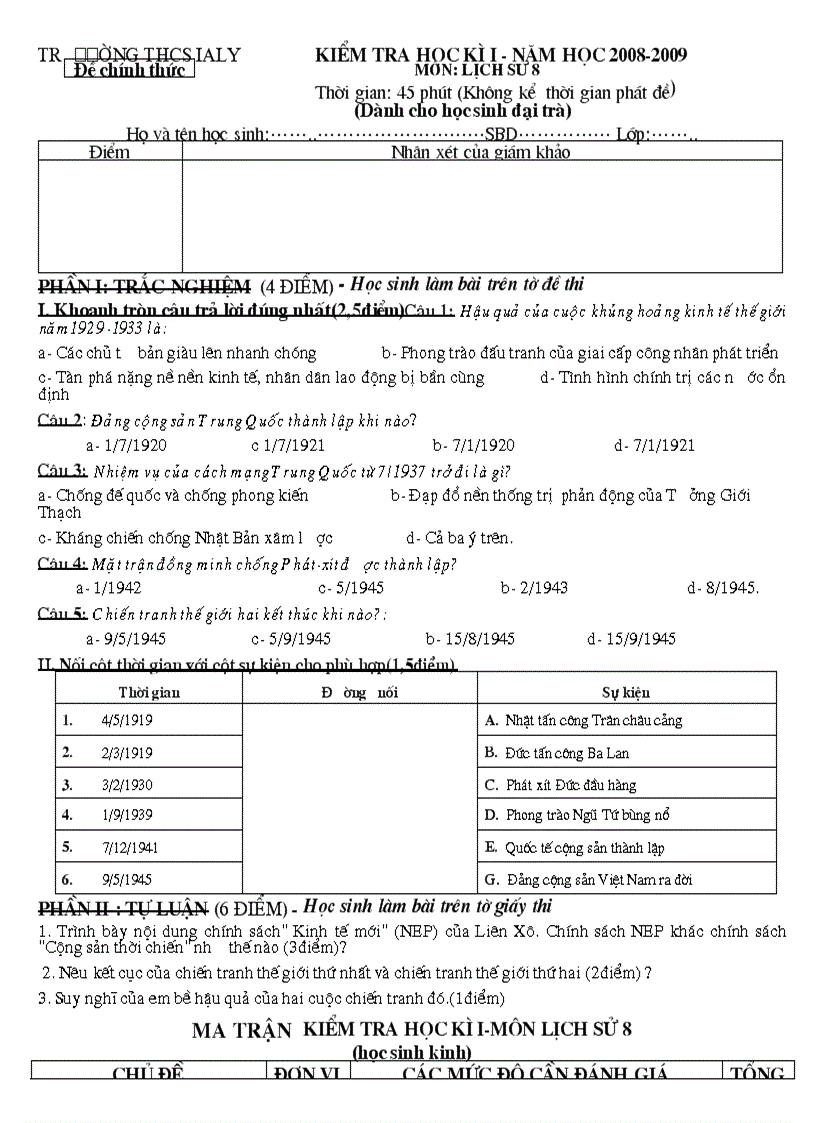 Đề thi HKI Sử 8 cho HS Đại trà