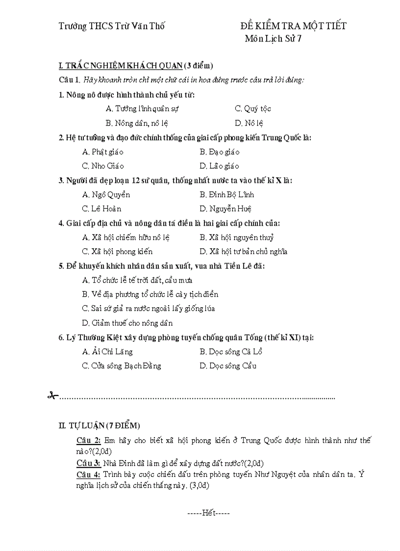 Đề kiểm tra 1 tiết sử 7 hk1