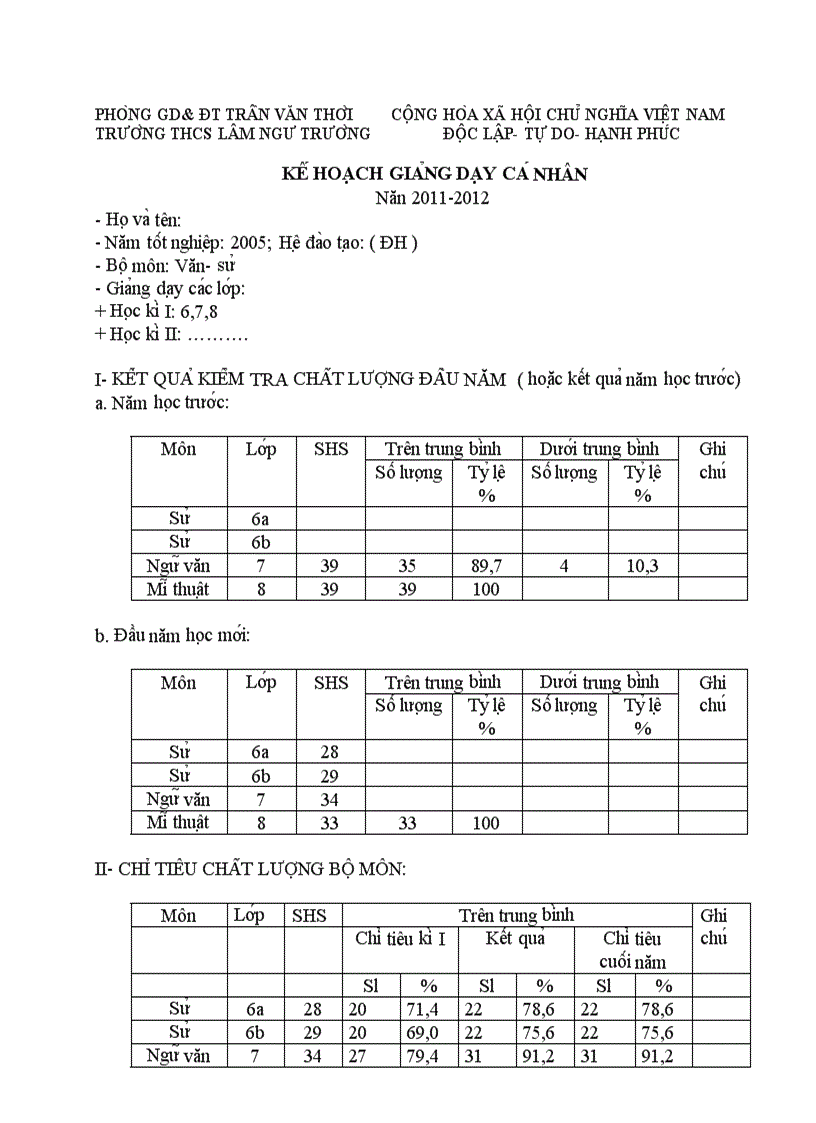 Kế hoạch cá nhân môn sử 6 7 8 9