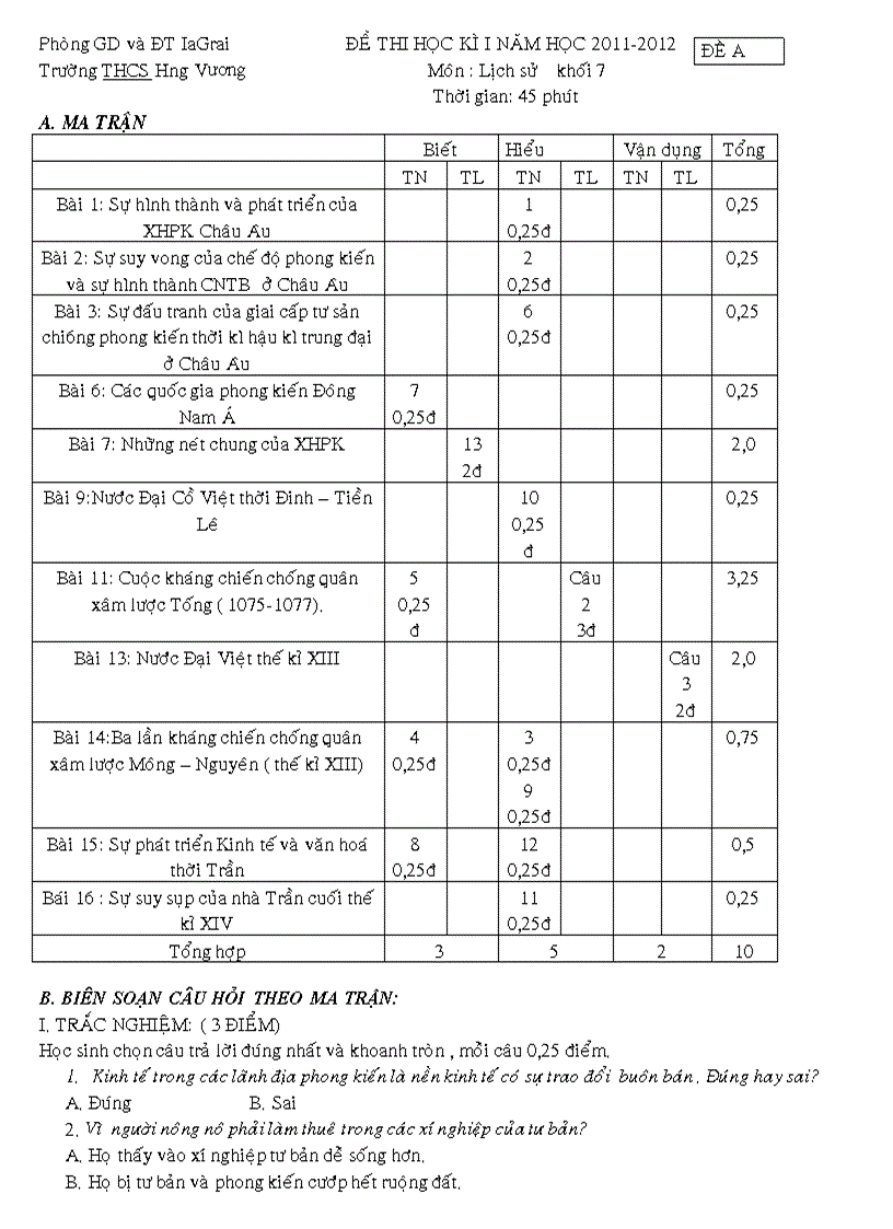 Đề thi HK I môn Lịch sử 7