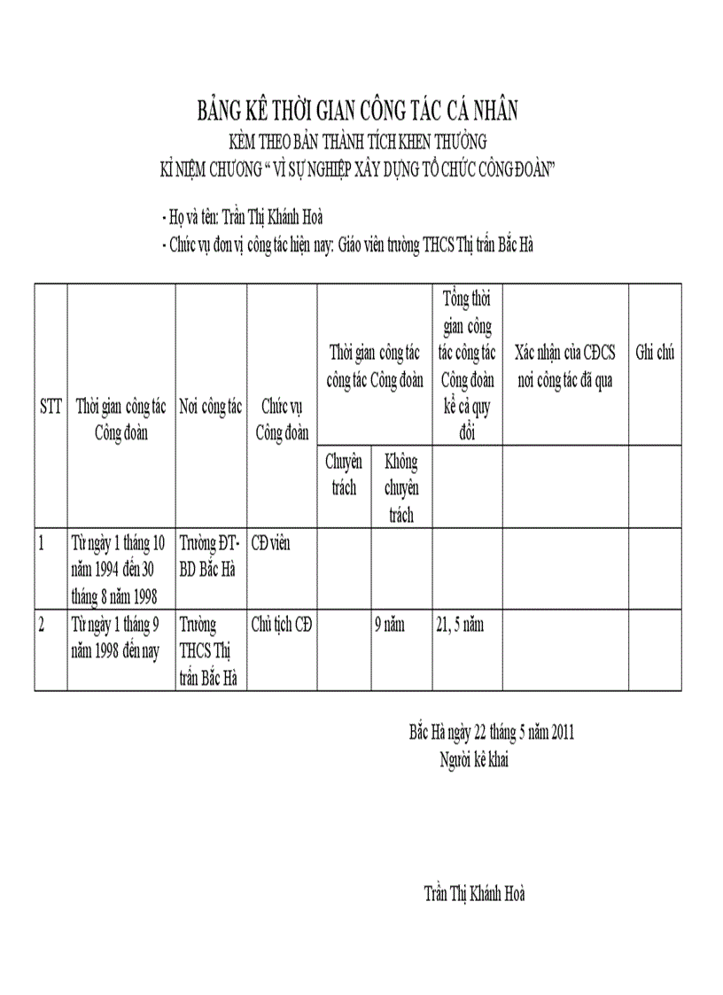 Bảng kê thời gian công tác cá nhân 1