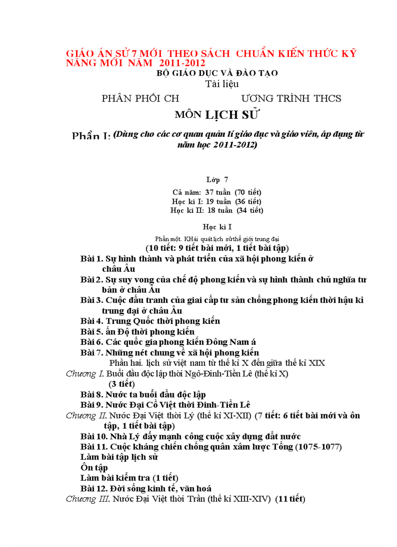 Giáo án lịch sử 7 chuẩn năm học 2011 2012