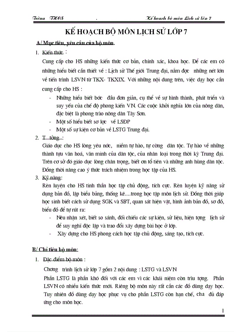 Kế hoạch Lịch sử 7 đầy đủ MT CT BP CT và chi tiết