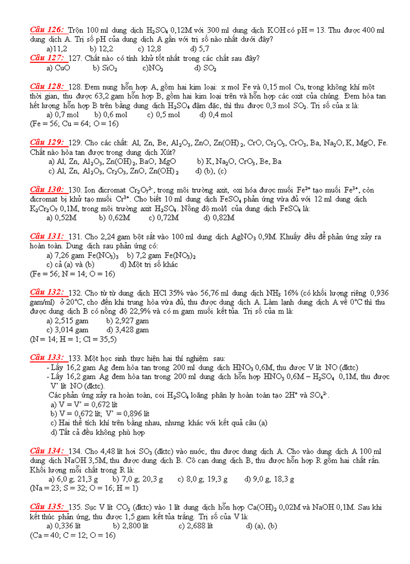 Tiếp hảng trăm câu trắc nghiệm hóa vô cơ