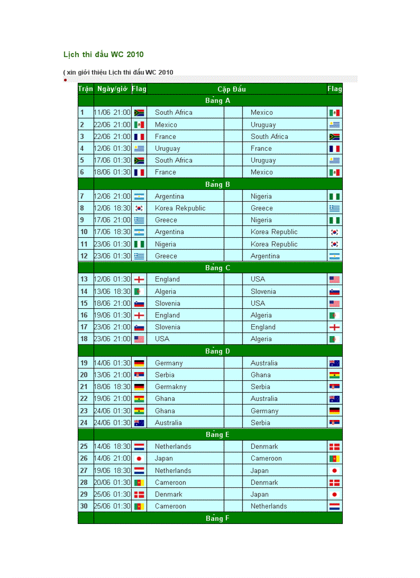 Lịch thi đấu WC 2010
