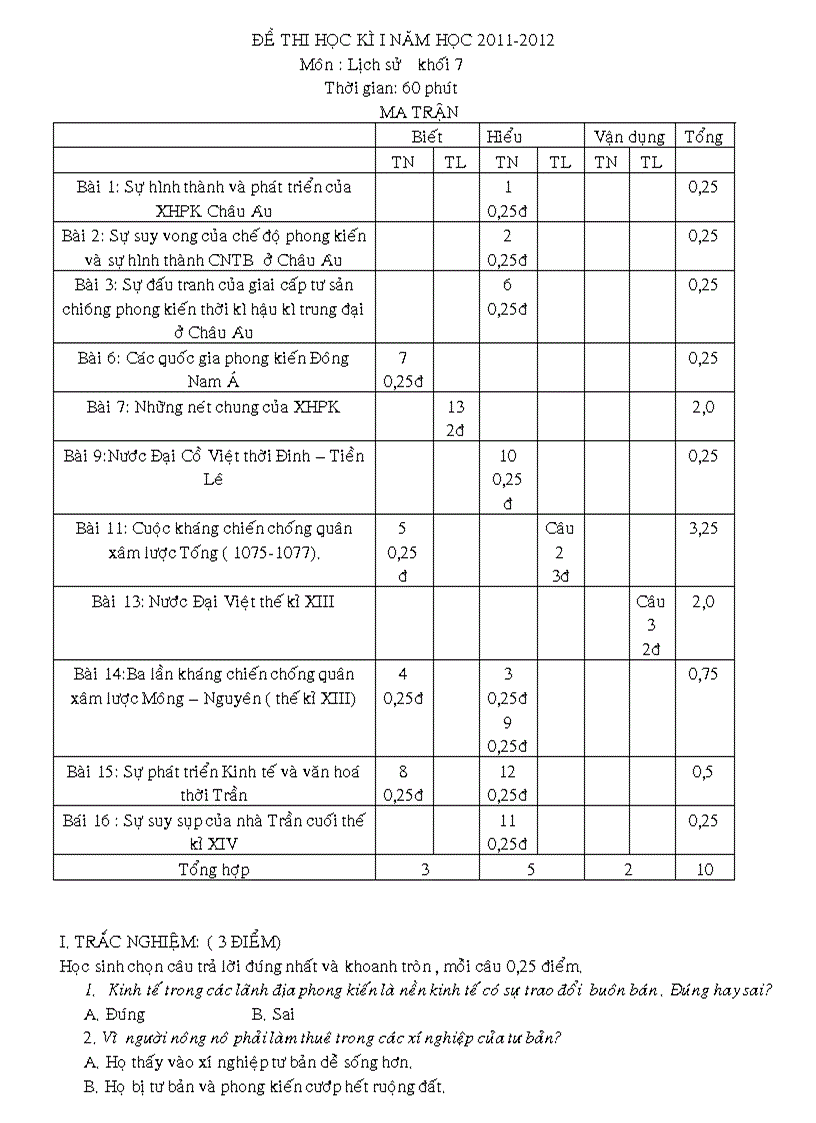 Đề thi kèm ma trận sử 7 8 9 học kì 1 hay và chuẩn