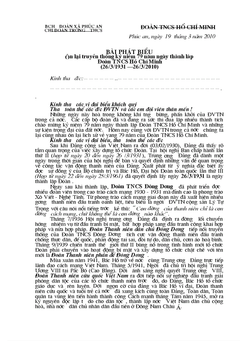 Bài phát biểu ôn lại truyền thống 79 năm ngày thành lập Đoàn TNCS Hồ Chí Minh