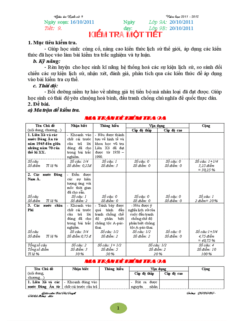 Giáo án lịch sử 9 năm học 2011 2012 t 09